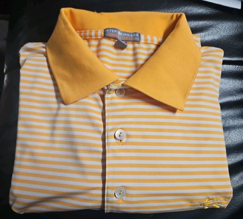 Peter Millar Summer Comfort Polo Mens Large Orange White Striped Solid Collar